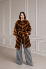 LONG BROWN MINK FUR JACKET WITH A BELT