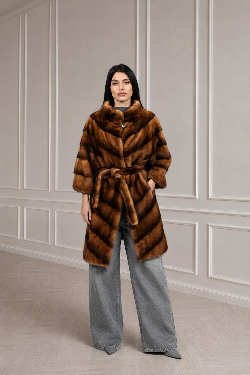 D5B3D25D-420B-4EB7-8843-36405F9847A8 LONG BROWN MINK FUR JACKET WITH A BELT - Image 1