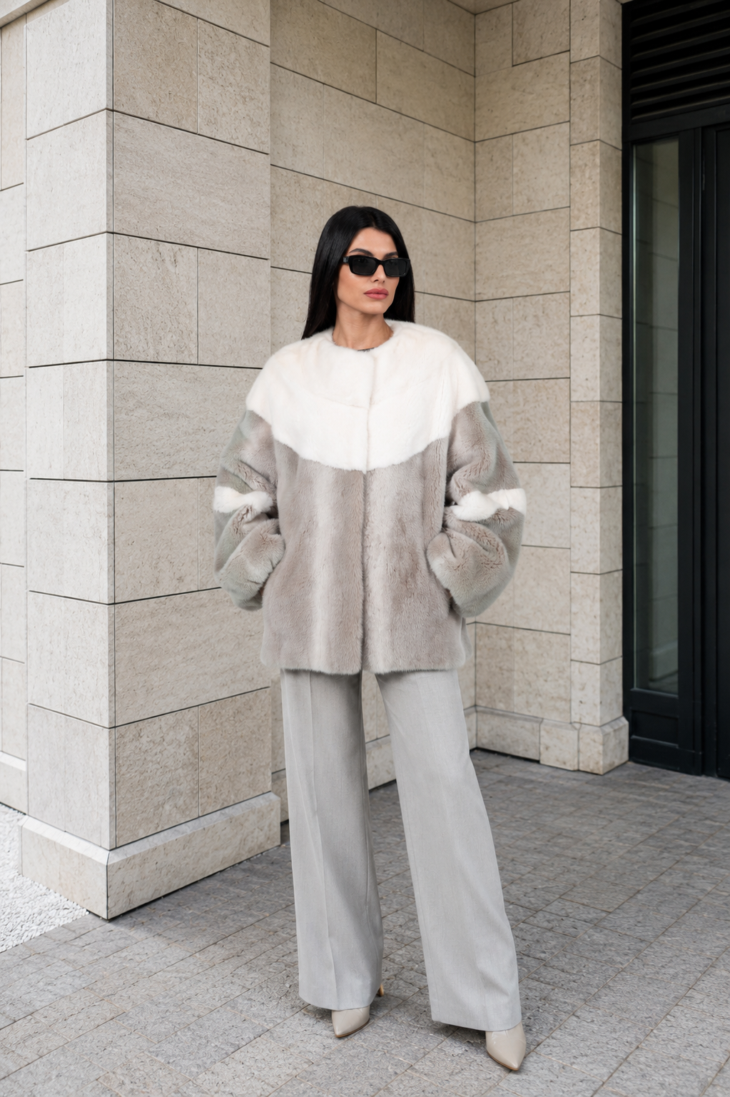 F18EF2A7-8FCB-41EF-8092-10A644BCA37C WHITE AND LIGHT GREY MINK FUR JACKET - Image 1