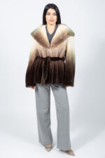BEIGE AND BROWN HOODED MINK FUR JACKET WITH A BELT