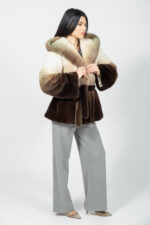 BEIGE AND BROWN HOODED MINK FUR JACKET WITH A BELT - Image 4