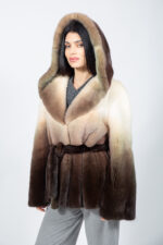 BEIGE AND BROWN HOODED MINK FUR JACKET WITH A BELT - Image 3