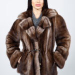 BROWN HOODED MINK FUR JACKET WITH A BELT