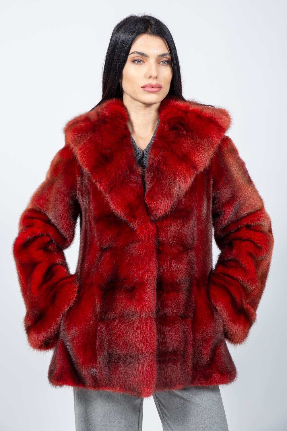 Posh-162 ΚΟΚΚΙΝΟ ΤΖΑΚΕΤ ΑΠΟ ΓΟΥΝΑ ΣΑΜΟΥΡΙ ΚΑΙ ΜΙΝΚ ΜΕ ΚΟΥΚΟΥΛΑ - Image 1