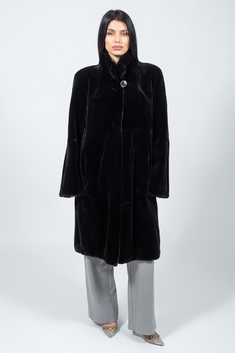 Posh-166 Μακρύ μαύρο μπουφάν από γνήσια γούνα κουνελιού. - Image 1