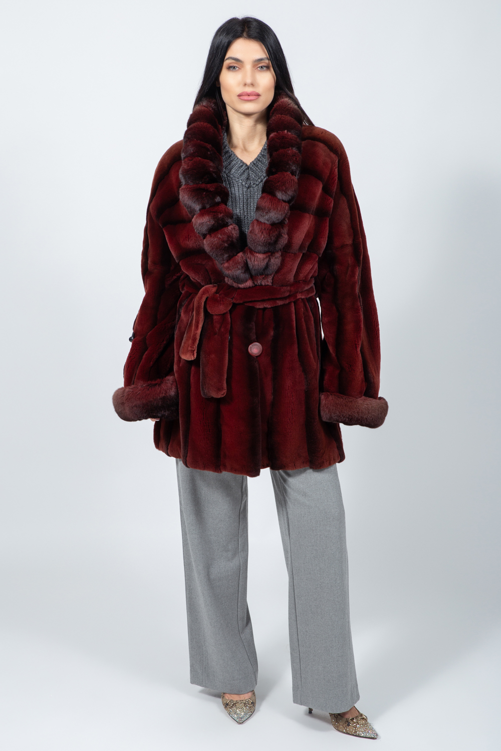 Posh-169 Μπουφάν από γούνα βιζόν και τσιντσιλά σε μπορντό/καφέ. - Image 1