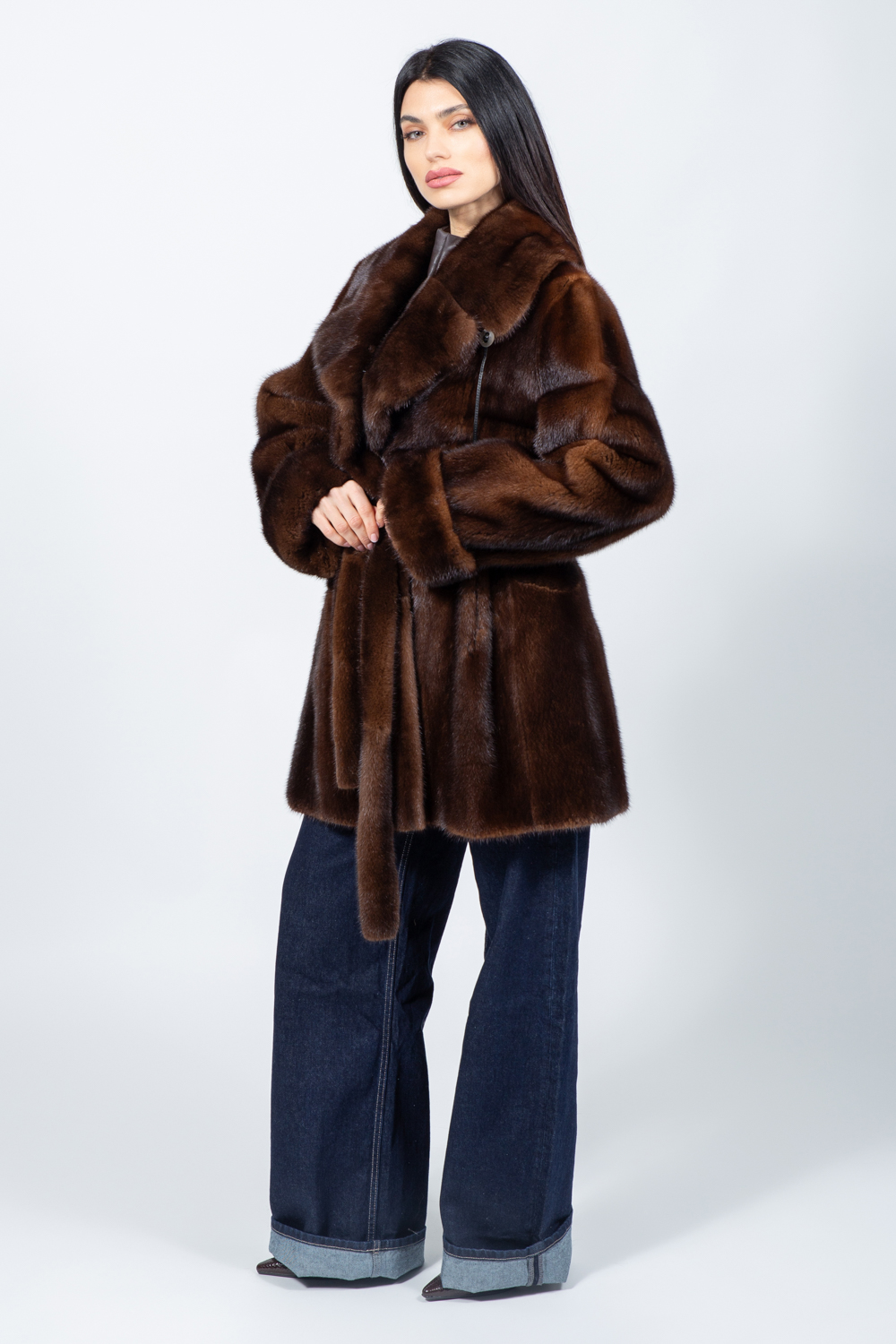 Posh-2 BELTED BROWN MINK FUR JACKET - Image 1