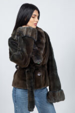 Μπουφάν από γνήσια γούνα βιζόν σε γραφίτη απόχρωση, με ζώνη. - Image 4