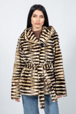 BELTED BROWN AND BEIGE MINK FUR JACKET WITH A HOOD