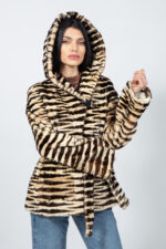BELTED BROWN AND BEIGE MINK FUR JACKET WITH A HOOD - Image 4