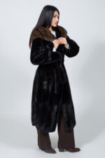 Μπουφάν από γνήσια γούνα ζιμπελίνας και βιζόν σε καφέ απόχρωση, με κουκούλα και ζώνη. - Image 5