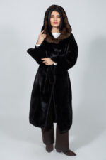 Μπουφάν από γνήσια γούνα ζιμπελίνας και βιζόν σε καφέ απόχρωση, με κουκούλα και ζώνη. - Image 2