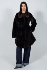 LONG BROWN MINK FUR JACKET WITH A BELT