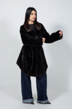 LONG BROWN MINK FUR JACKET WITH A BELT - Image 3