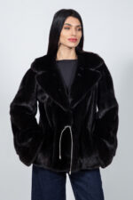 BLACK MINK FUR JACKET WITH A BELT AND A HOOD