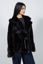 BLACK MINK FUR JACKET WITH A BELT AND A HOOD - Image 2