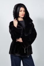 BLACK MINK FUR JACKET WITH A BELT AND A HOOD - Image 4