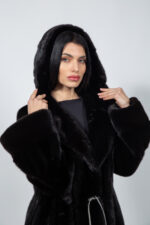 BLACK MINK FUR JACKET WITH A BELT AND A HOOD - Image 5