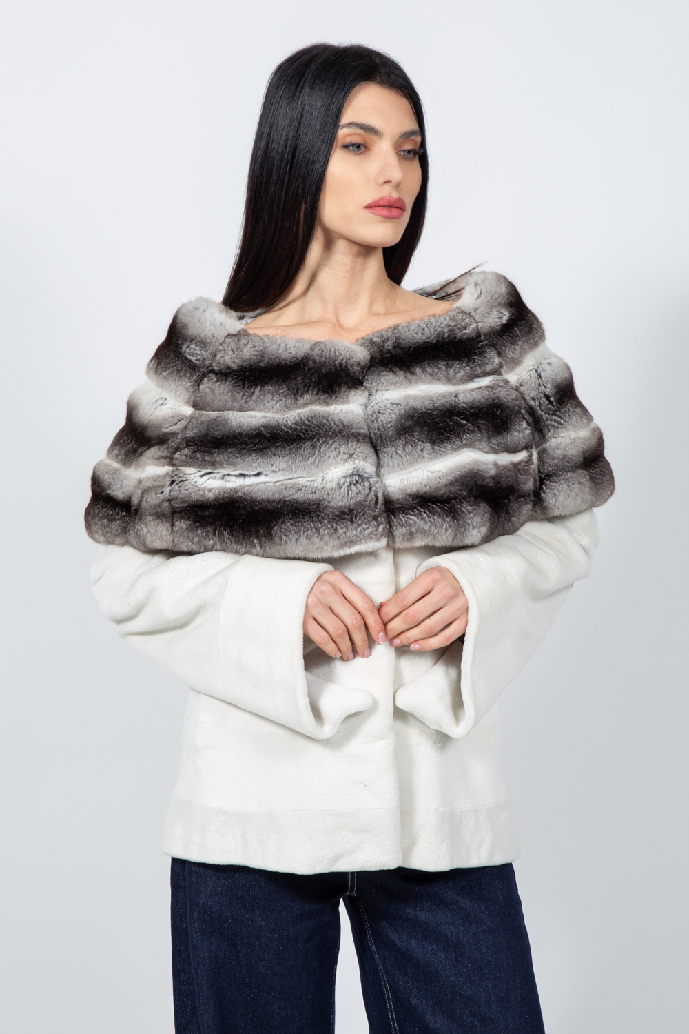 Posh-522 WHITE MINK AND CHINCHILLA FUR JACKET - Image 1