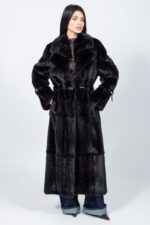 FULL LENGTH BELTED BLACK MINK FUR JACKET WITH CRYSTAL DETAILS